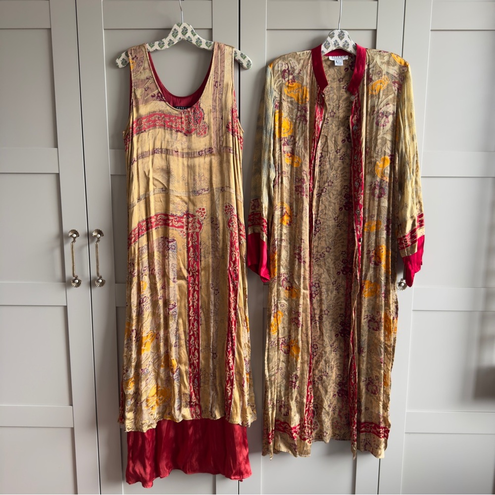 Citron Santa Monica M Tank Dress + Silk Over Coat Long Duster Cardigan + Scarf